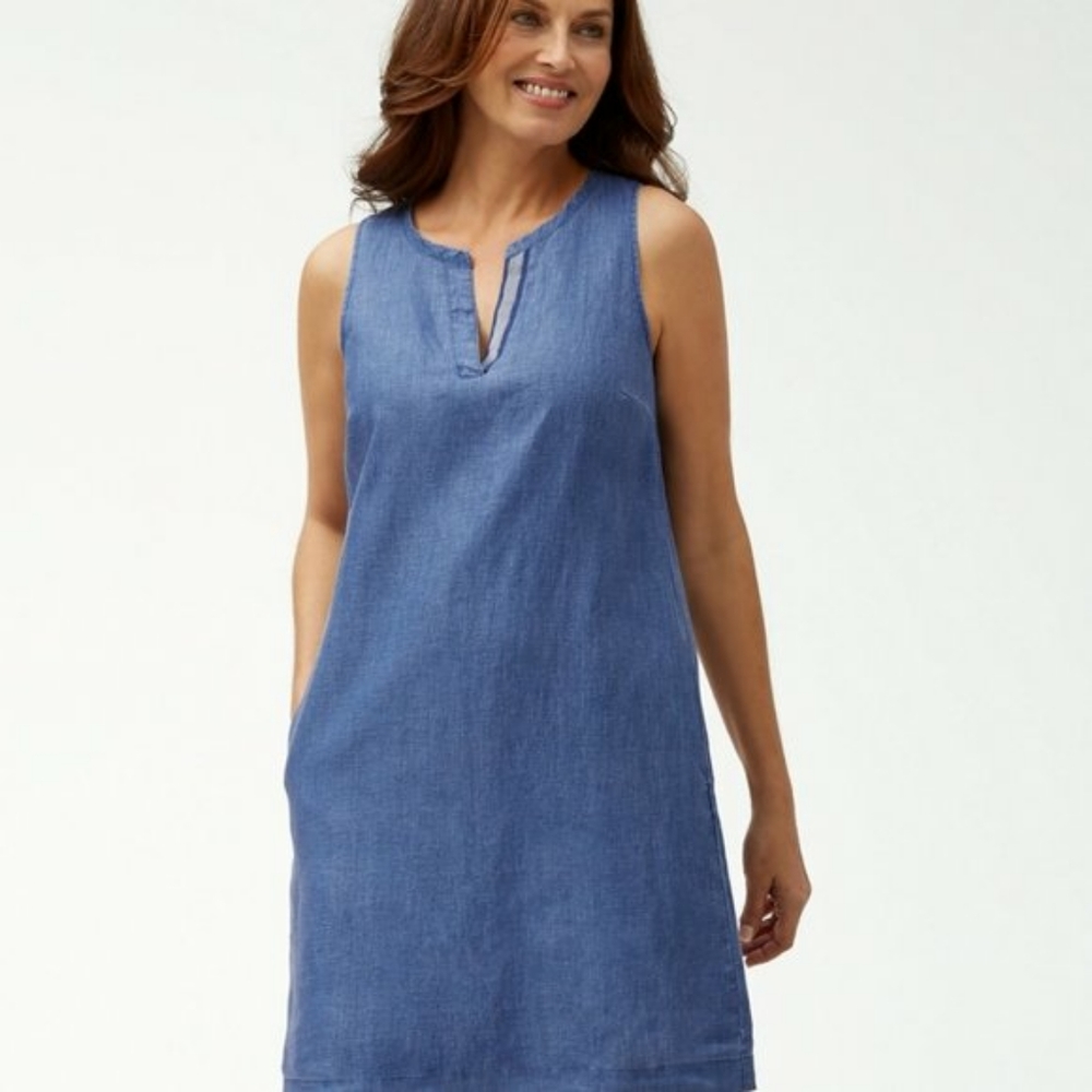 Tommy Bahama Linen Chambray Sleeveless Shift Dress, Size S split neck line